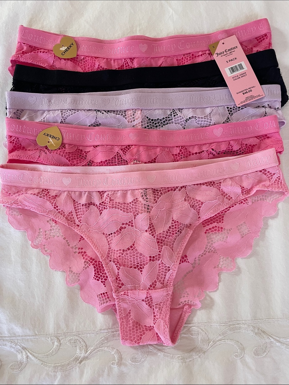 Juicy Couture Lace Bikini Panty 5-Pack - Pink, Black, Lavender